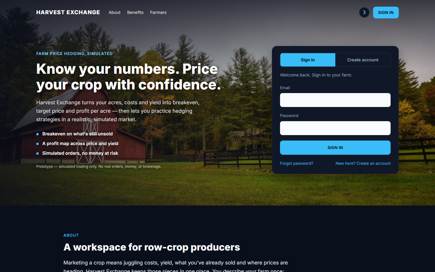 Harvest Exchange — farm price-hedging simulator homepage